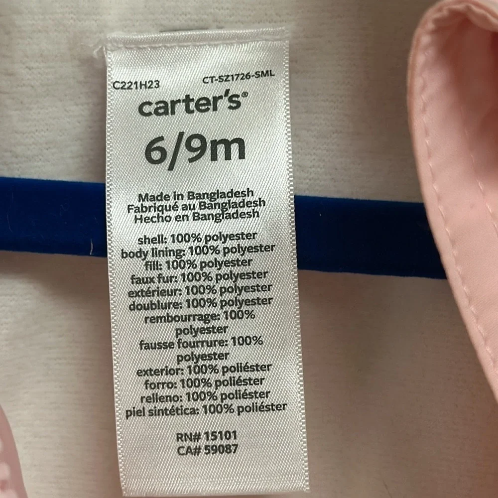 Carter’s Pink Hooded Snowsuit Full Front Zipper 6-9 Months NWT